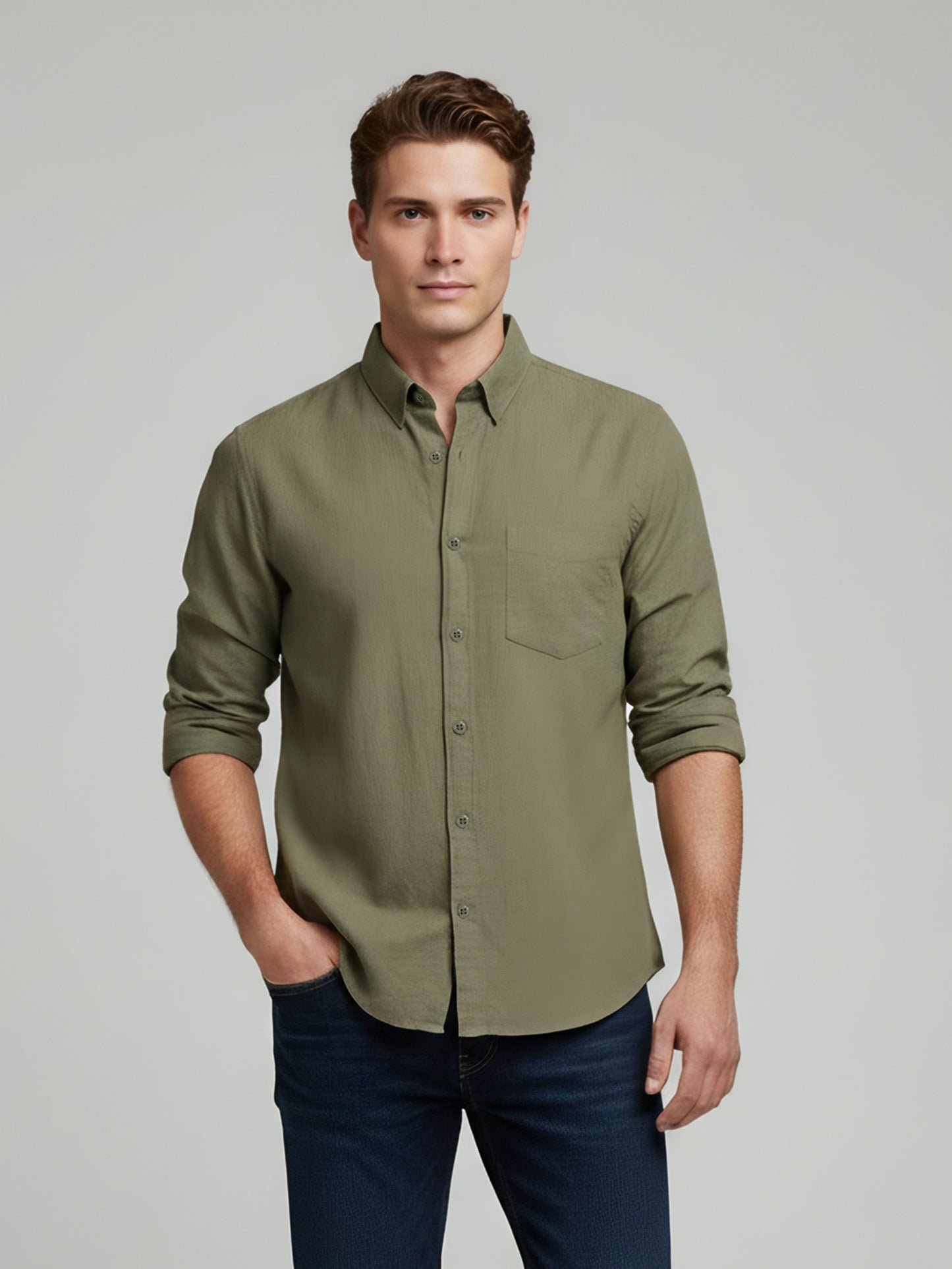 Celio* Solid Olive Men Regular Fit Linen Shirts