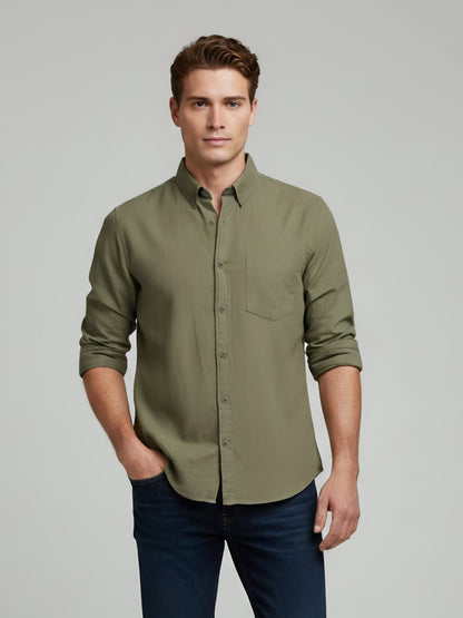 Celio* Solid Olive Men Regular Fit Linen Shirts