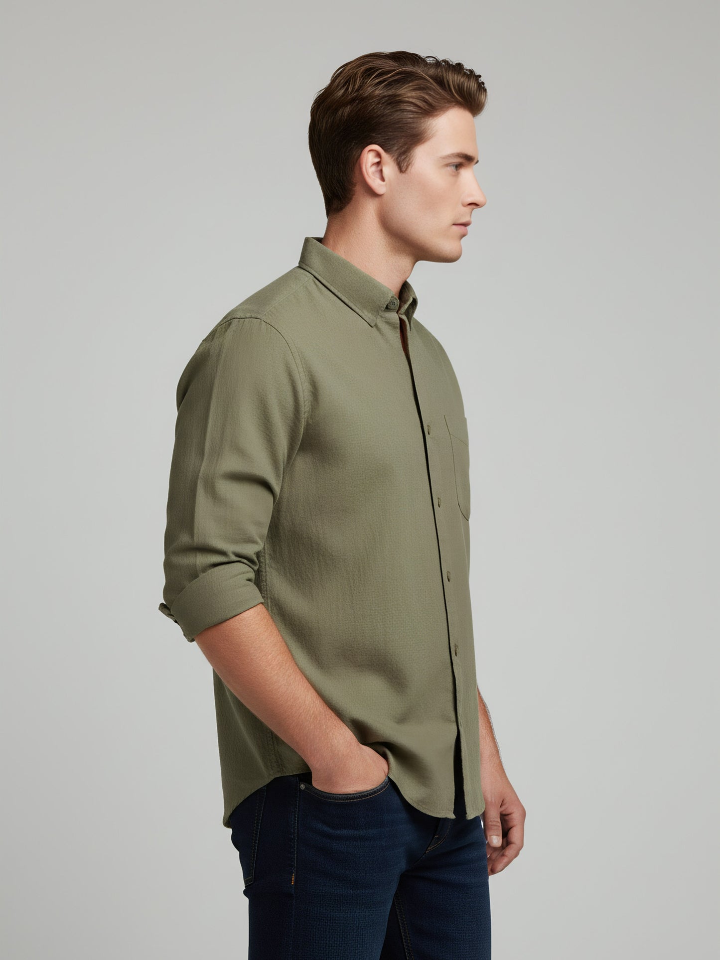 Celio* Solid Olive Men Regular Fit Linen Shirts