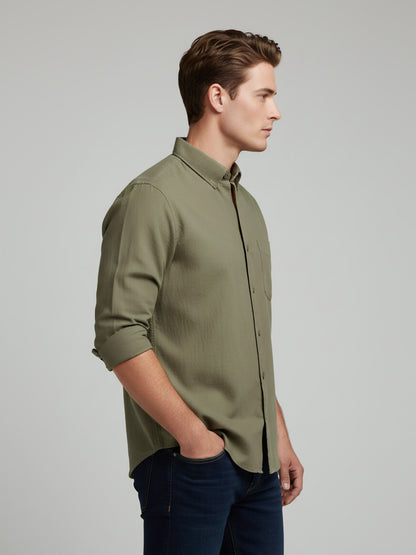 Celio* Solid Olive Men Regular Fit Linen Shirts