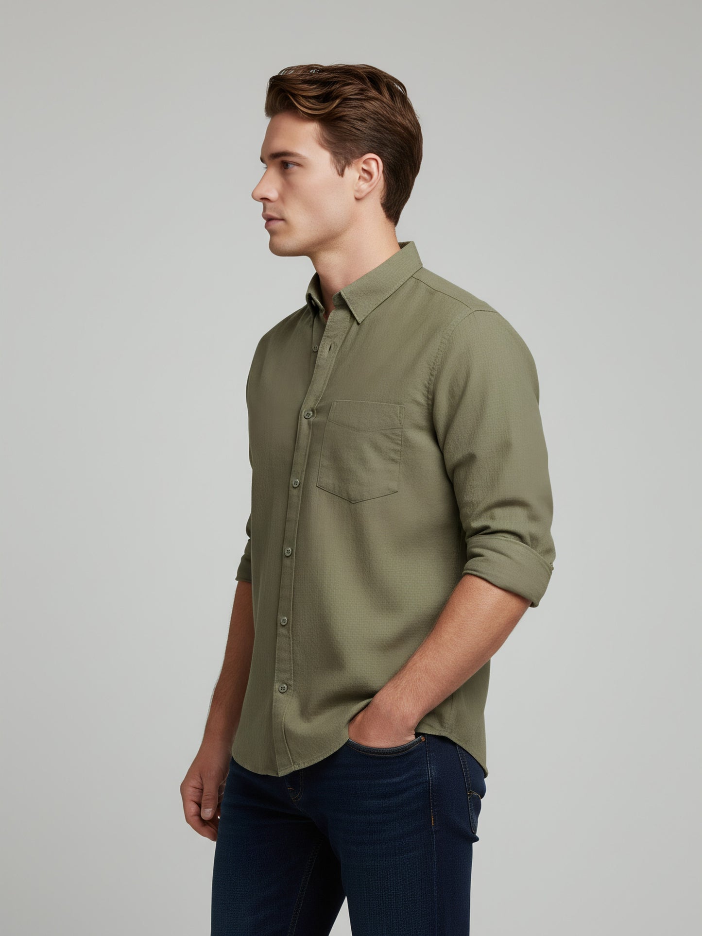 Celio* Solid Olive Men Regular Fit Linen Shirts