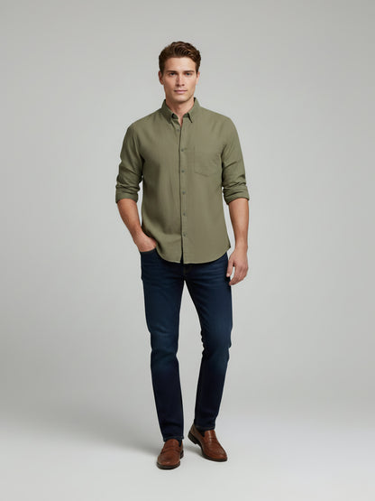Celio* Solid Olive Men Regular Fit Linen Shirts
