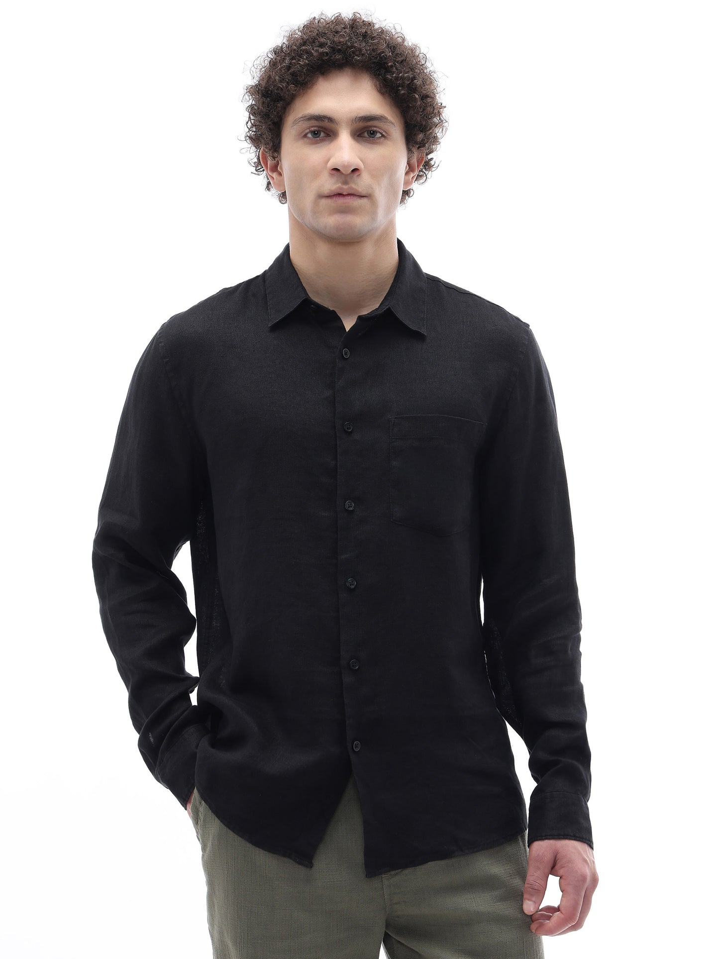 Celio Solid Regular Fit Linen Black Shirts