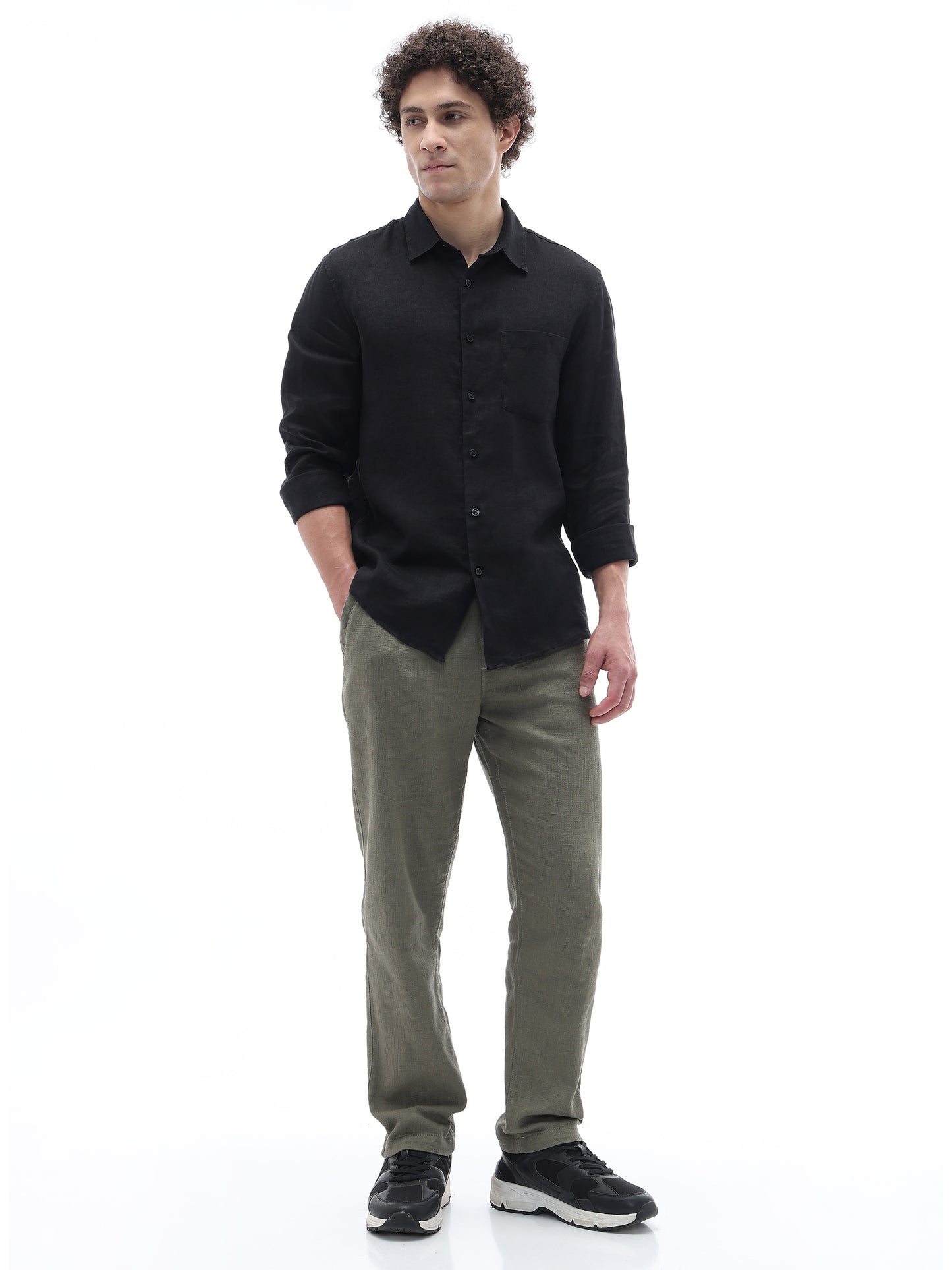 Celio Solid Regular Fit Linen Black Shirts