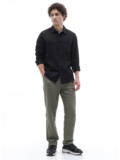 Celio Solid Regular Fit Linen Black Shirts