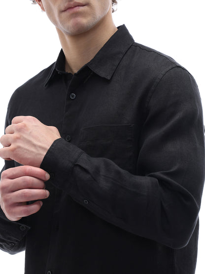 Celio Solid Regular Fit Linen Black Shirts