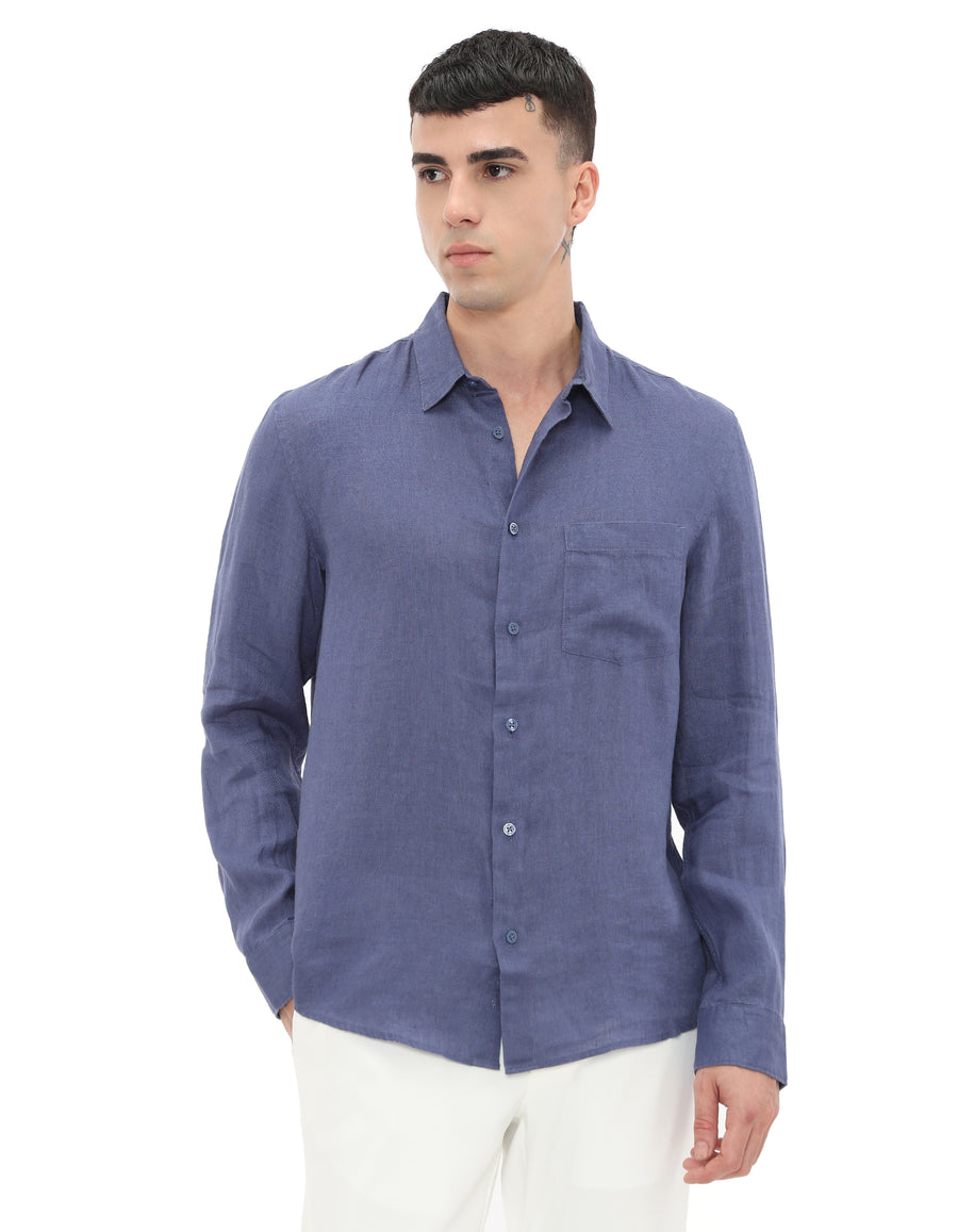 Regular Fit 100% Linen Spread Collar Shirt - Blue Dark