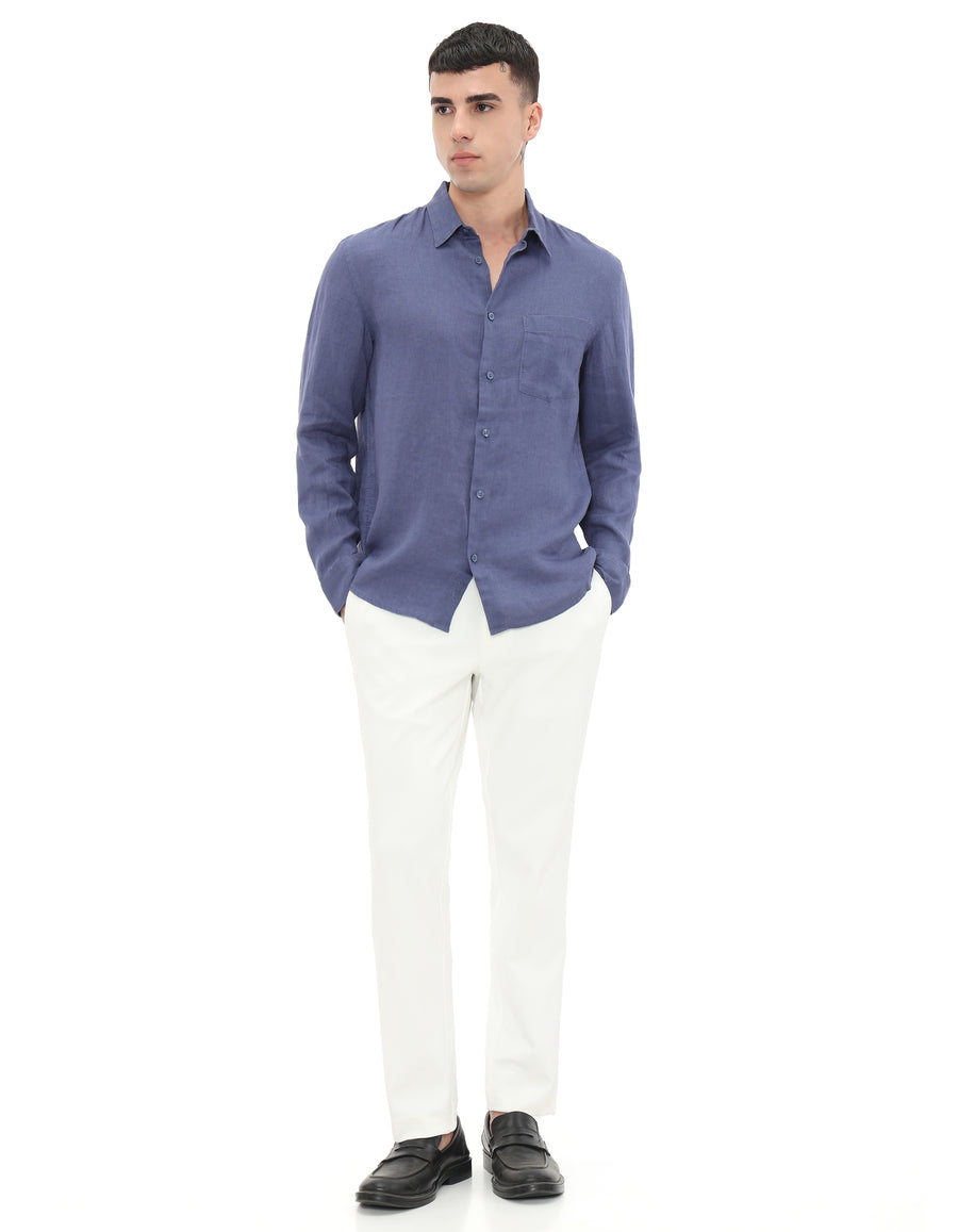 Regular Fit 100% Linen Spread Collar Shirt - Blue Dark
