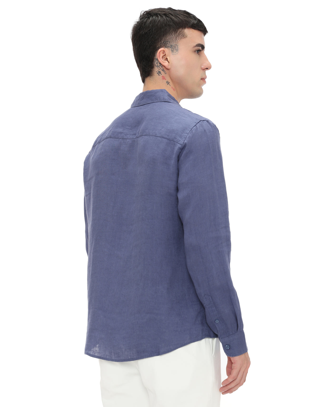 Regular Fit 100% Linen Spread Collar Shirt - Blue Dark