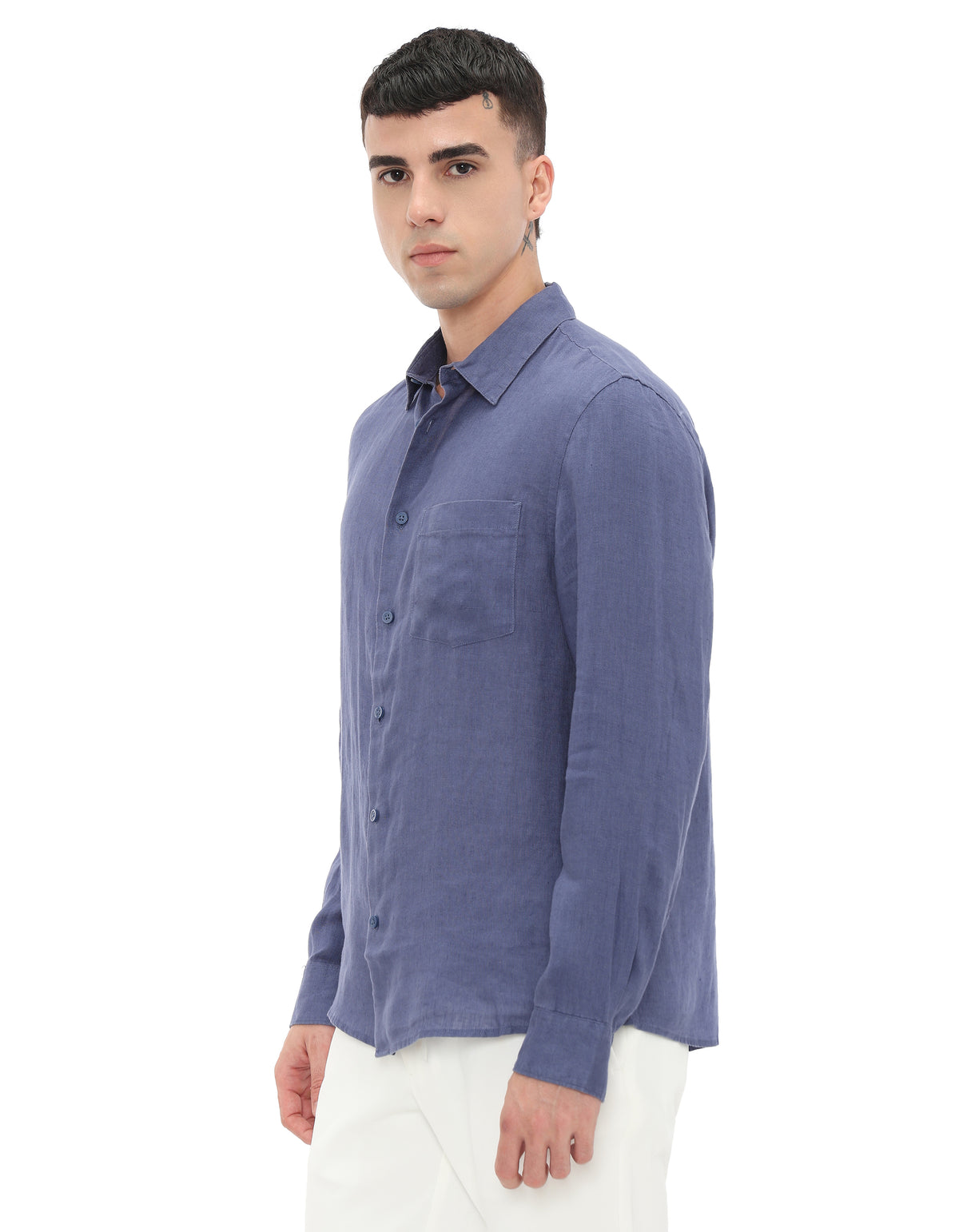 Regular Fit 100% Linen Spread Collar Shirt - Blue Dark