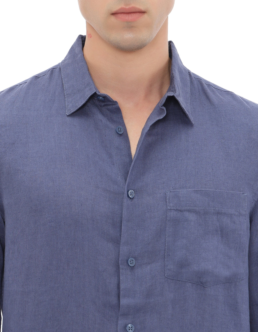 Regular Fit 100% Linen Spread Collar Shirt - Blue Dark