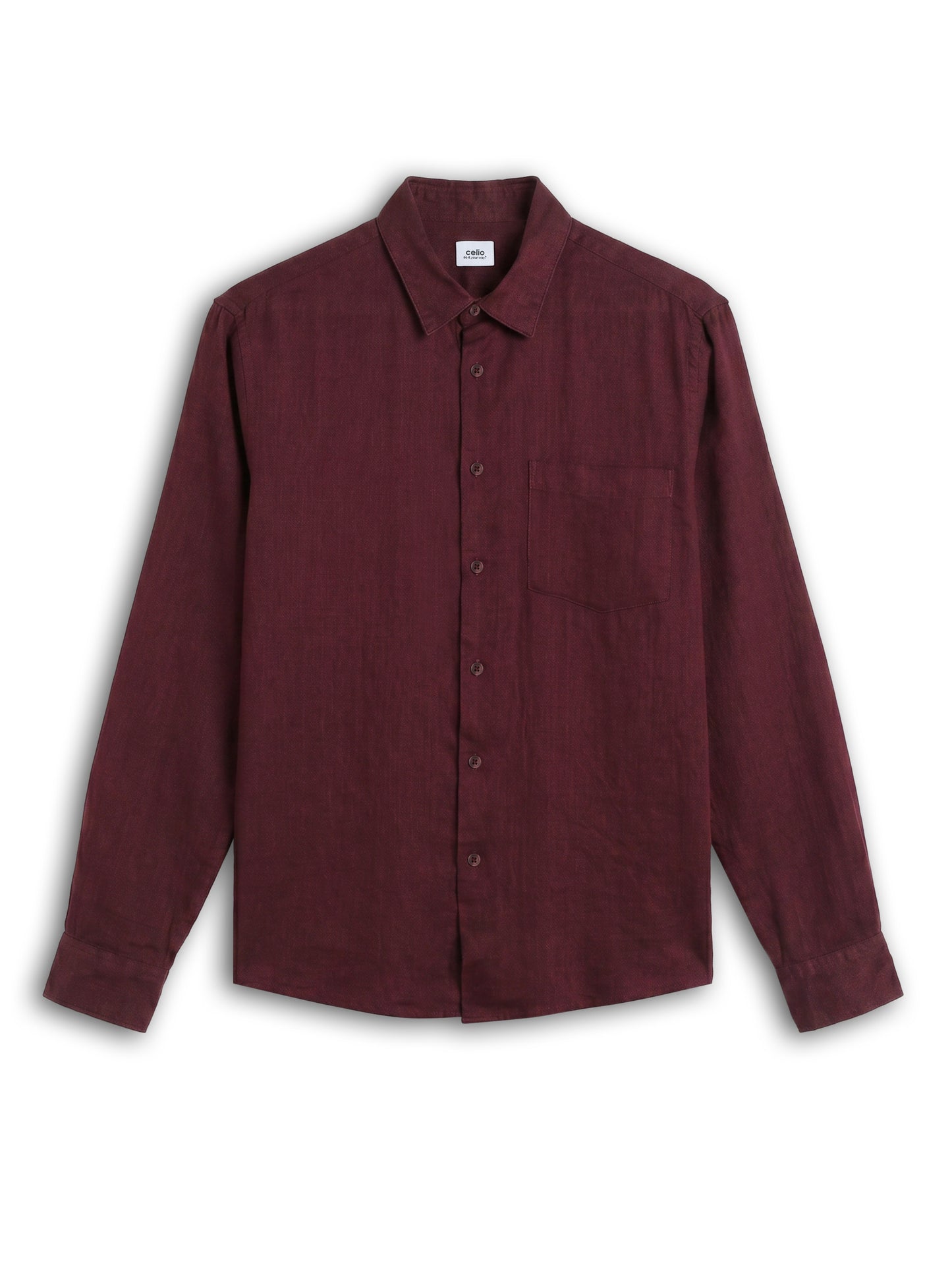 Celio Solid Regular Fit Linen Burgundy Shirts