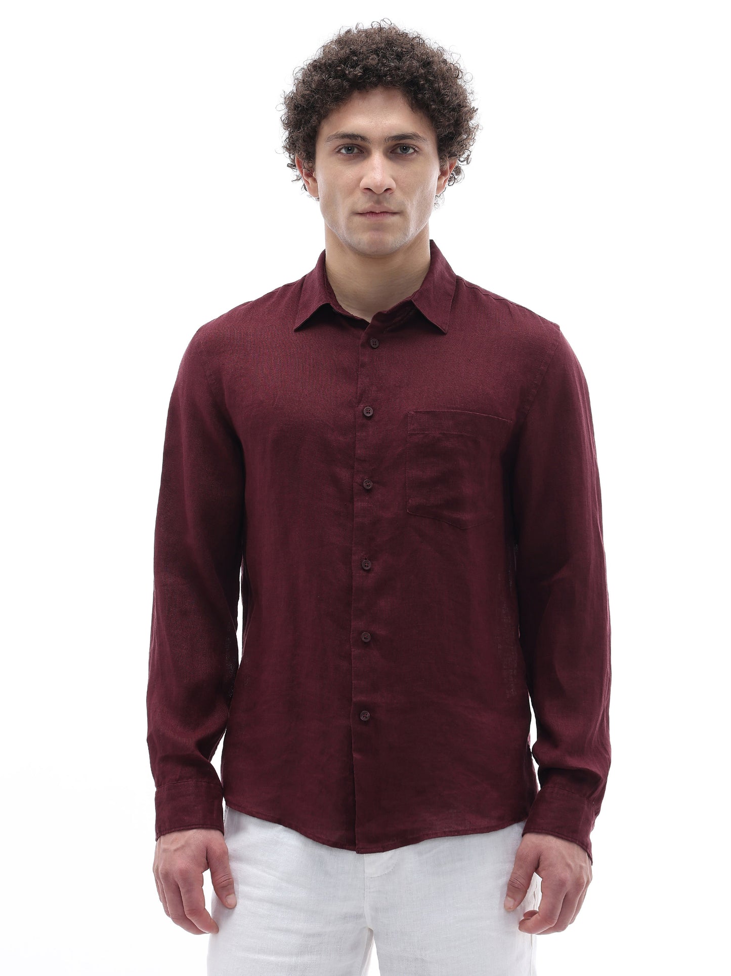 Celio Solid Regular Fit Linen Burgundy Shirts