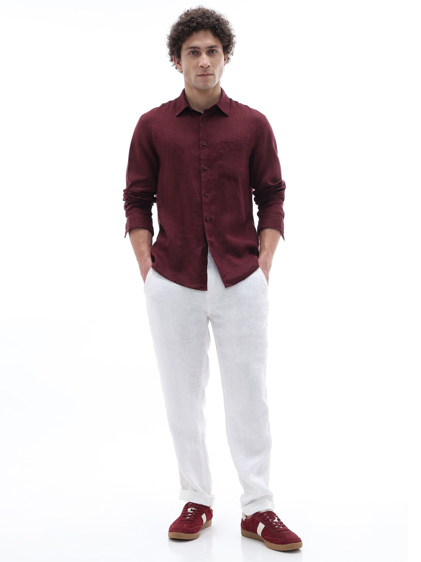 Celio Solid Regular Fit Linen Burgundy Shirts