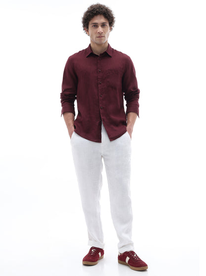 Celio Solid Regular Fit Linen Burgundy Shirts