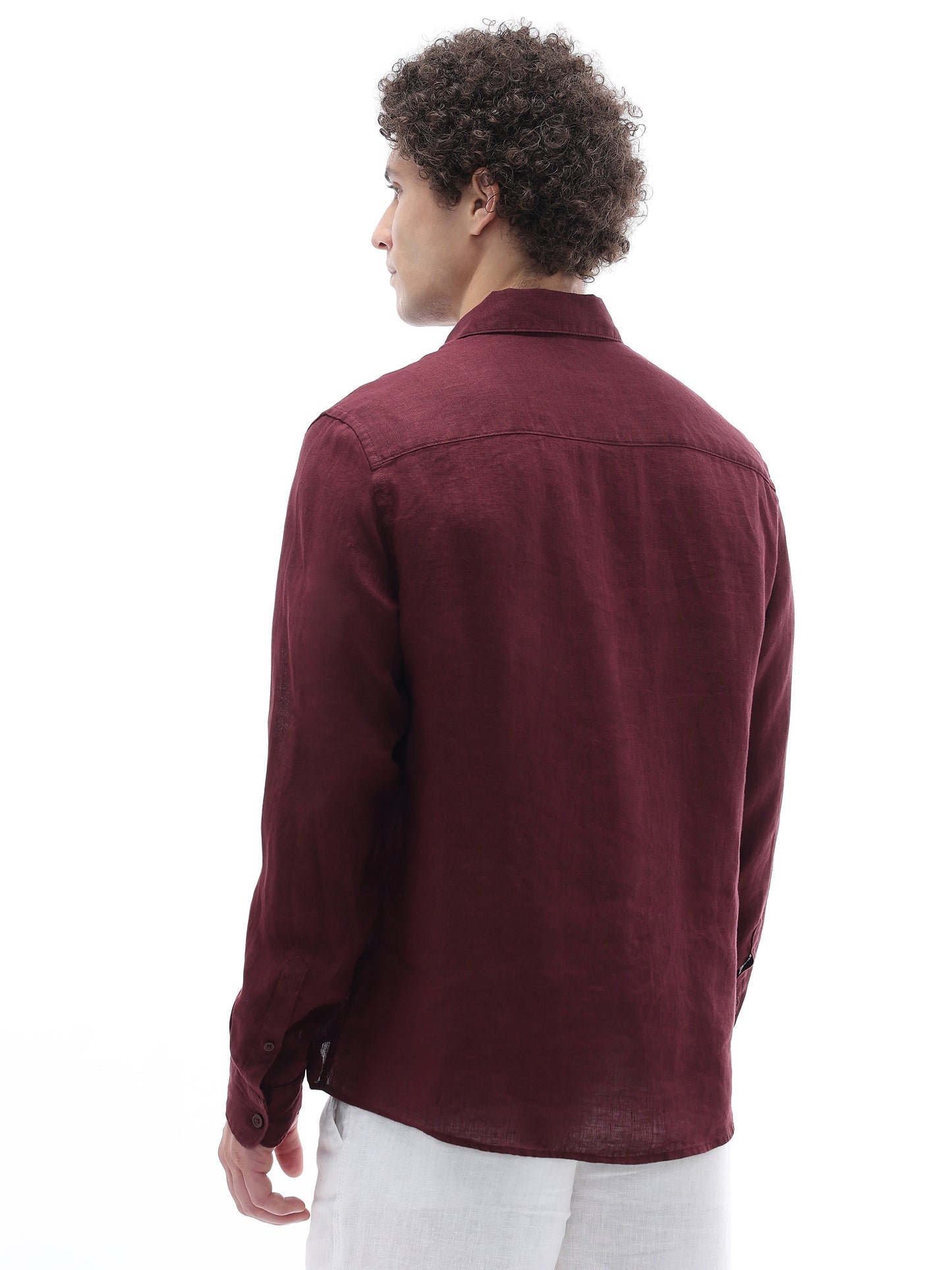 Celio Solid Regular Fit Linen Burgundy Shirts