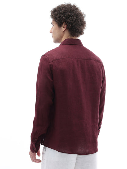 Celio Solid Regular Fit Linen Burgundy Shirts