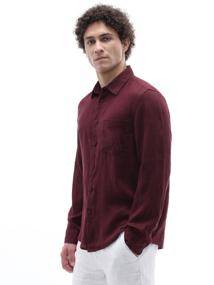 Celio Solid Regular Fit Linen Burgundy Shirts