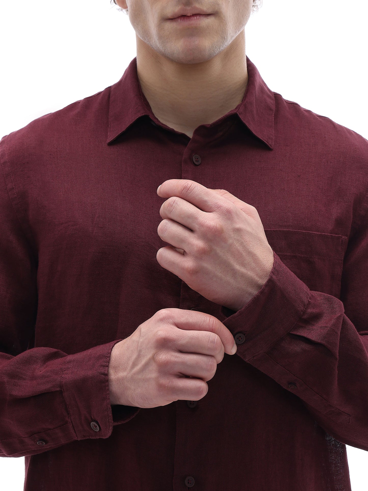 Celio Solid Regular Fit Linen Burgundy Shirts