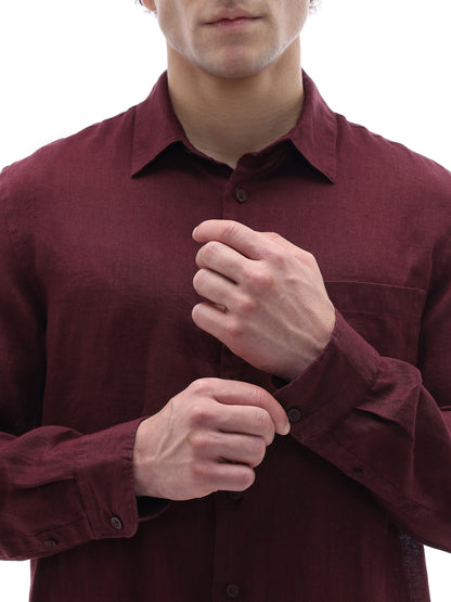 Celio Solid Regular Fit Linen Burgundy Shirts