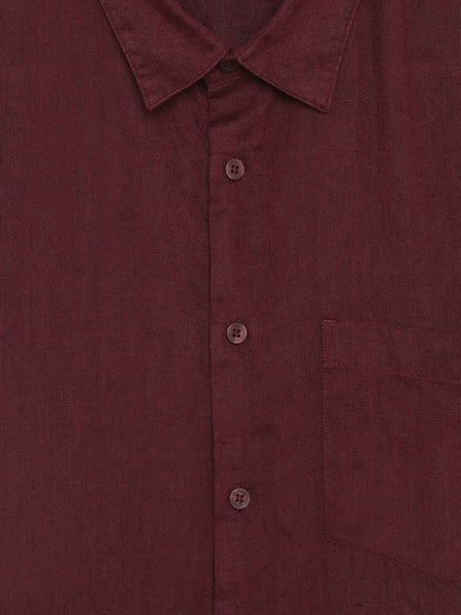 Celio Solid Regular Fit Linen Burgundy Shirts