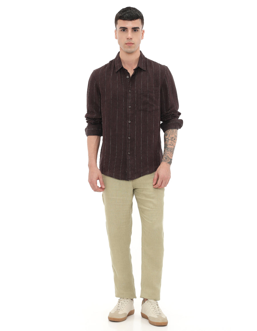 Regular Fit 100% Linen Solid Shirts - Brown