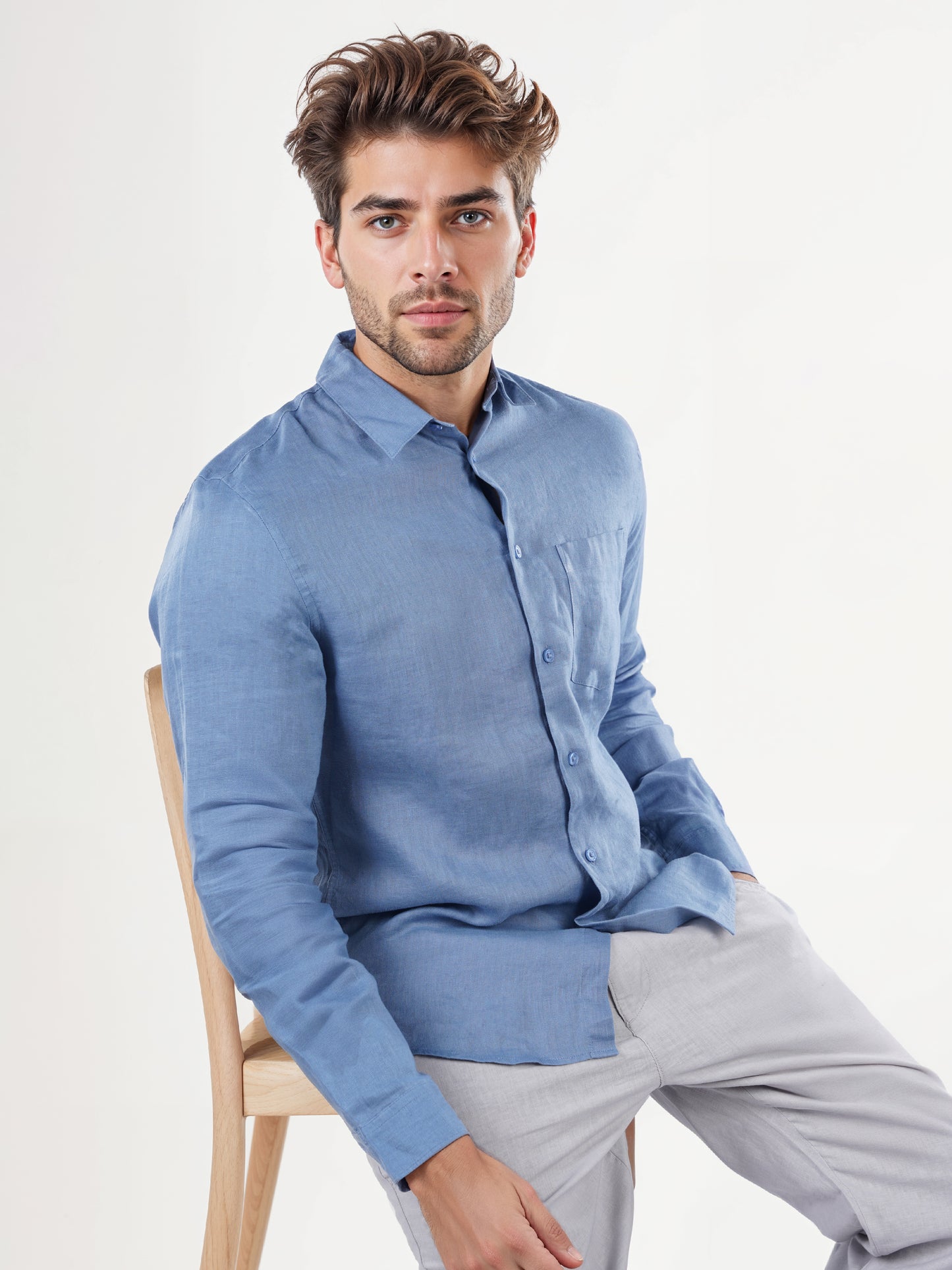 Blue Solid Linen Shirt