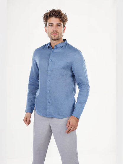 Blue Solid Linen Shirt