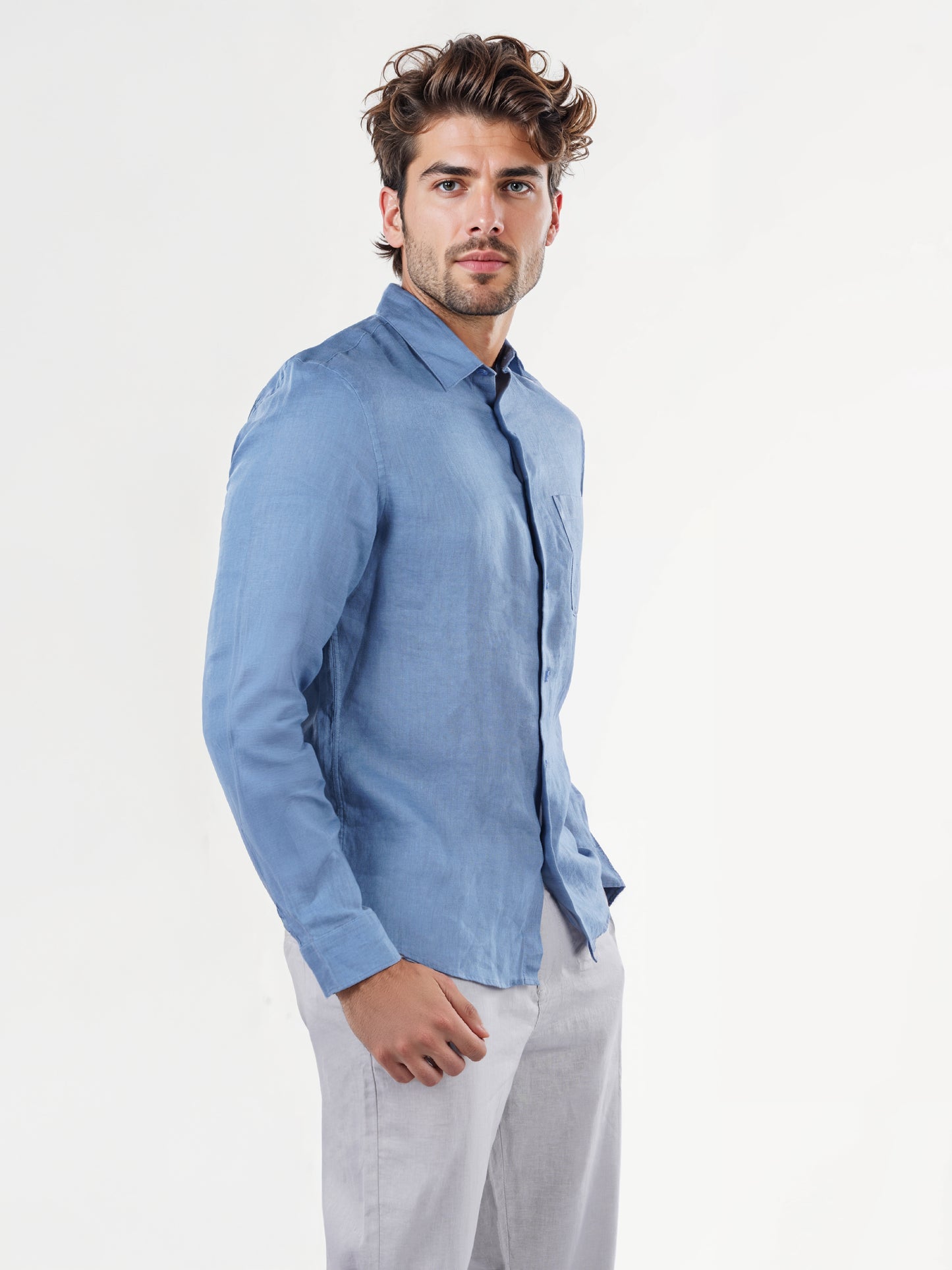 Blue Solid Linen Shirt