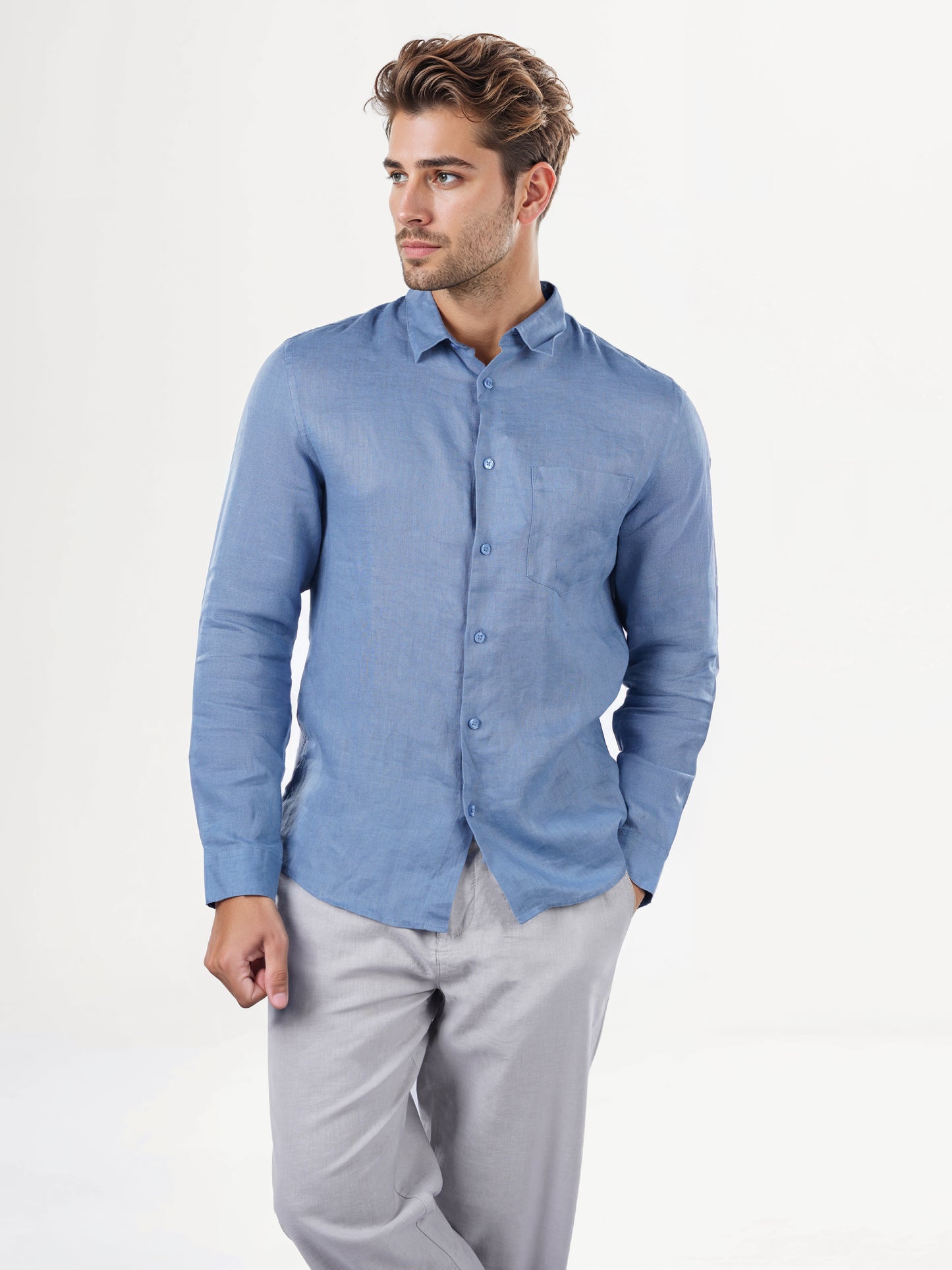 Blue Solid Linen Shirt