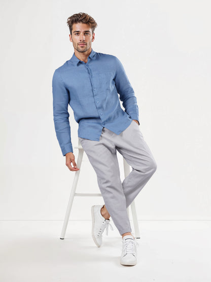 Blue Solid Linen Shirt