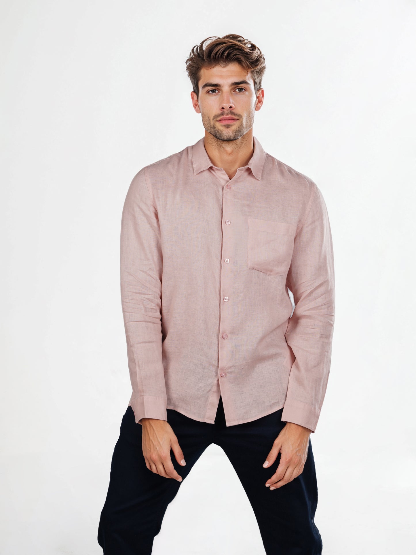 Celio Mens Pink Solid Regular Fit Linen Shirts