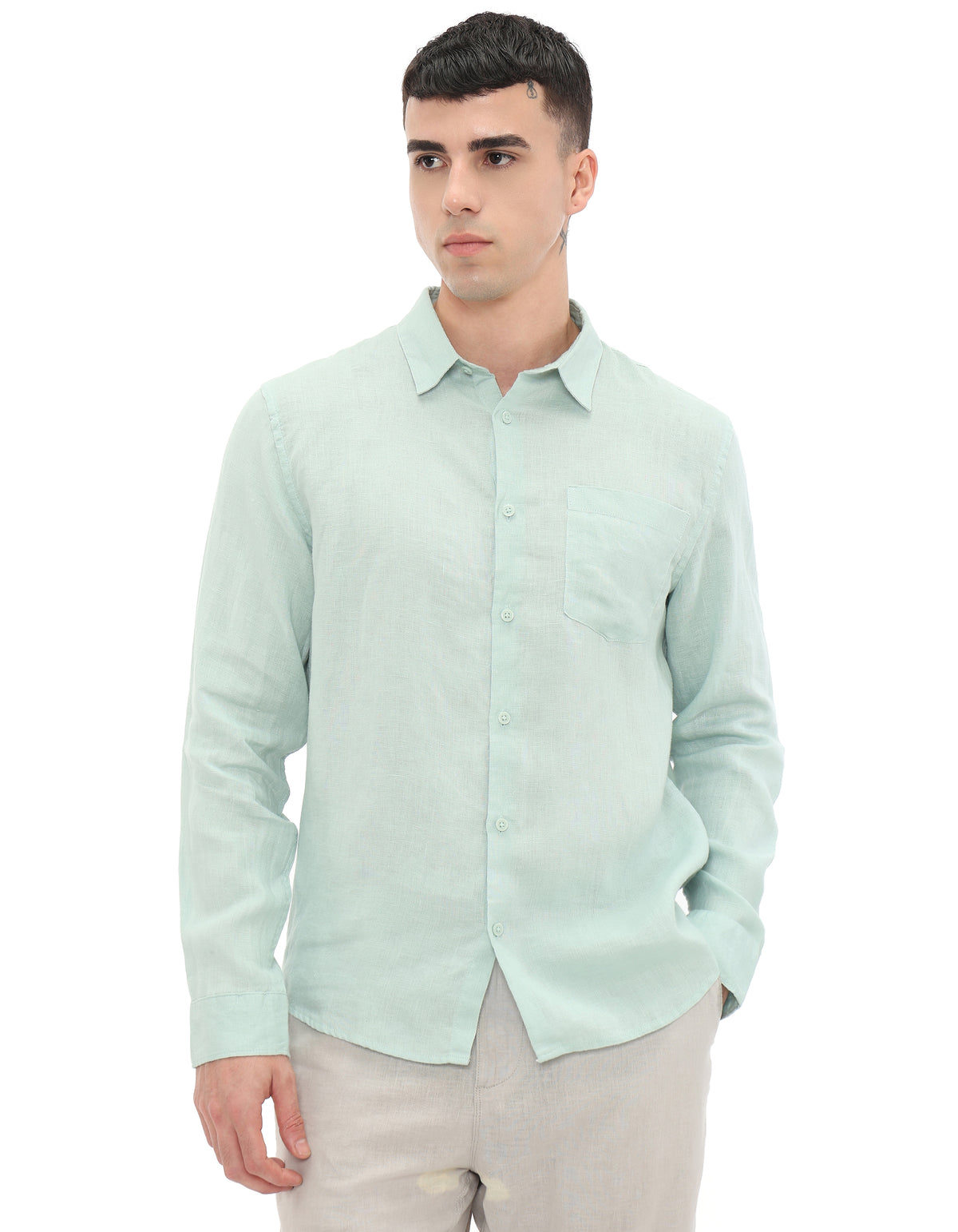 Regular Fit 100% Linen Regular Collar Shirt - Green