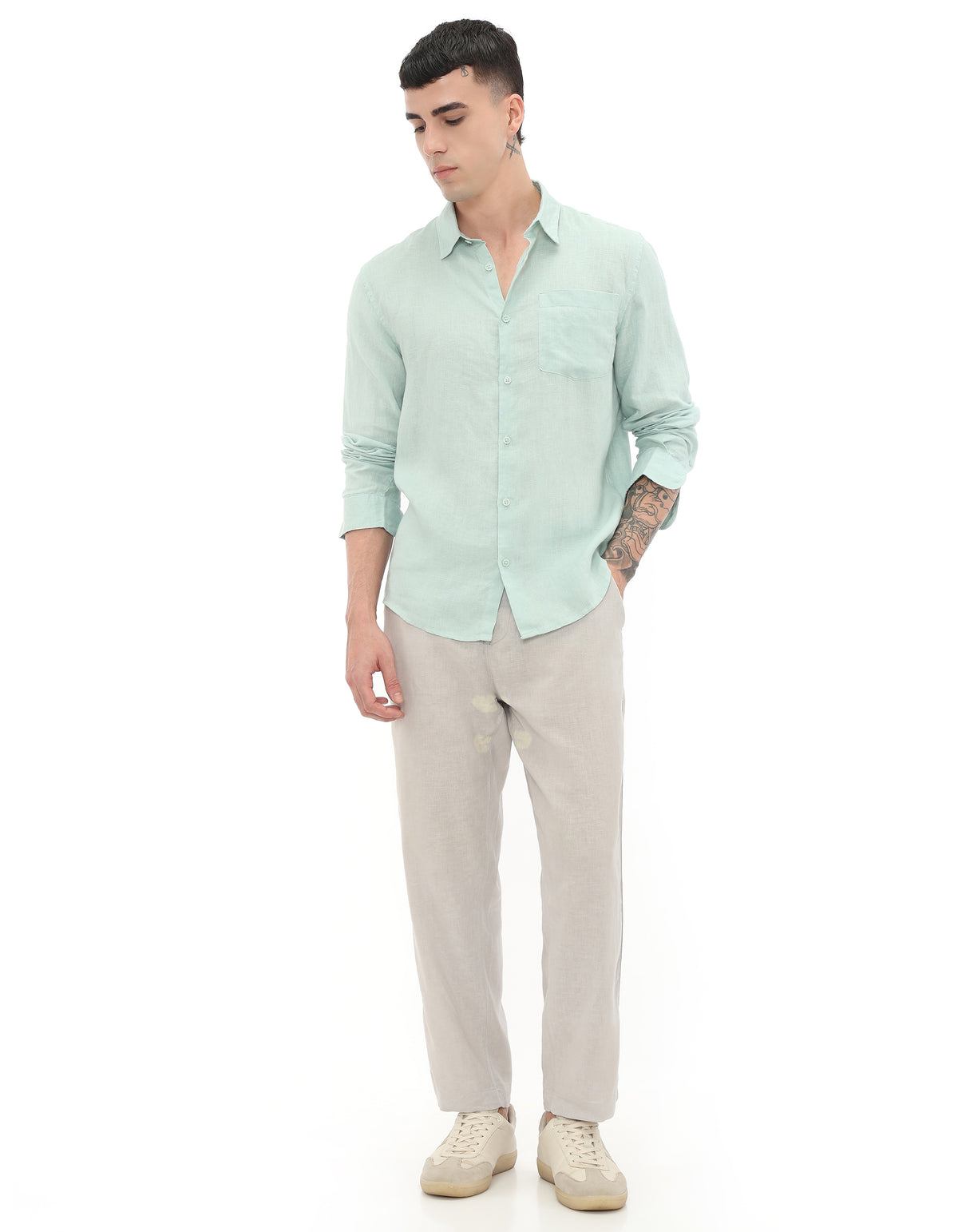Regular Fit 100% Linen Regular Collar Shirt - Green