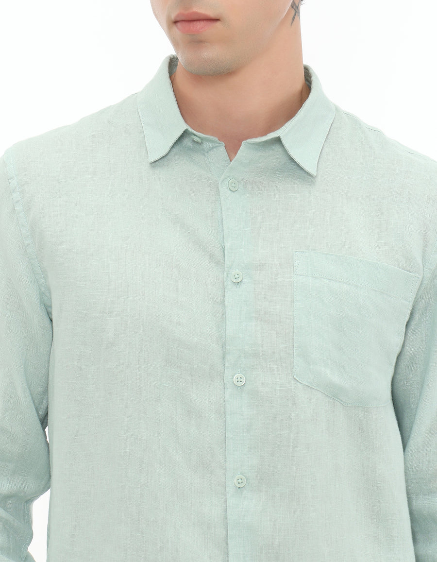 Regular Fit 100% Linen Regular Collar Shirt - Green