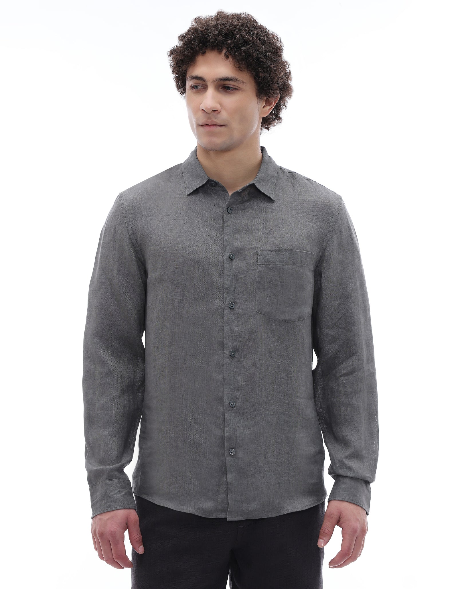 Celio Regular Fit Spread Collar 100% Linen Shirt - Grey