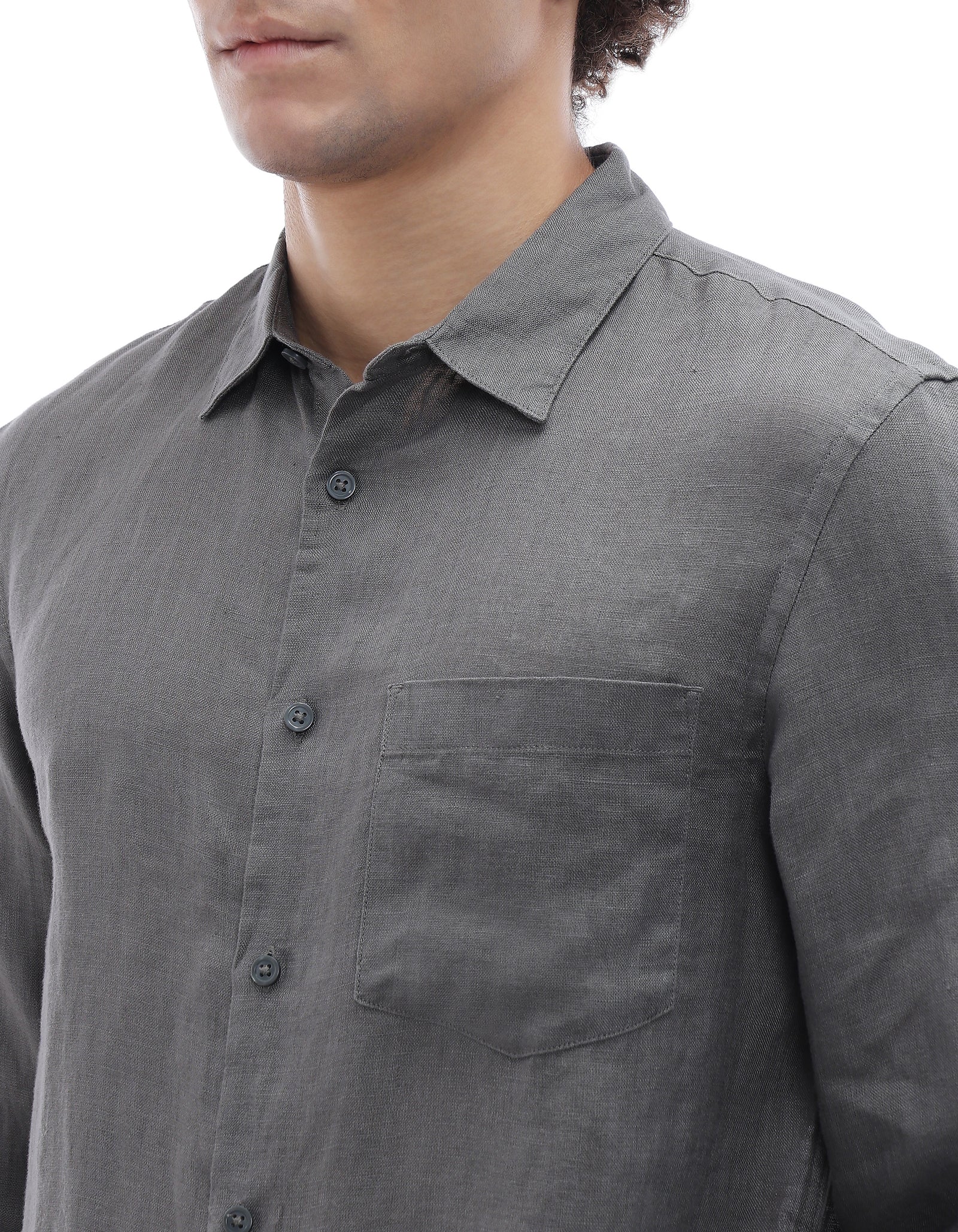Celio Regular Fit Spread Collar 100% Linen Shirt - Grey