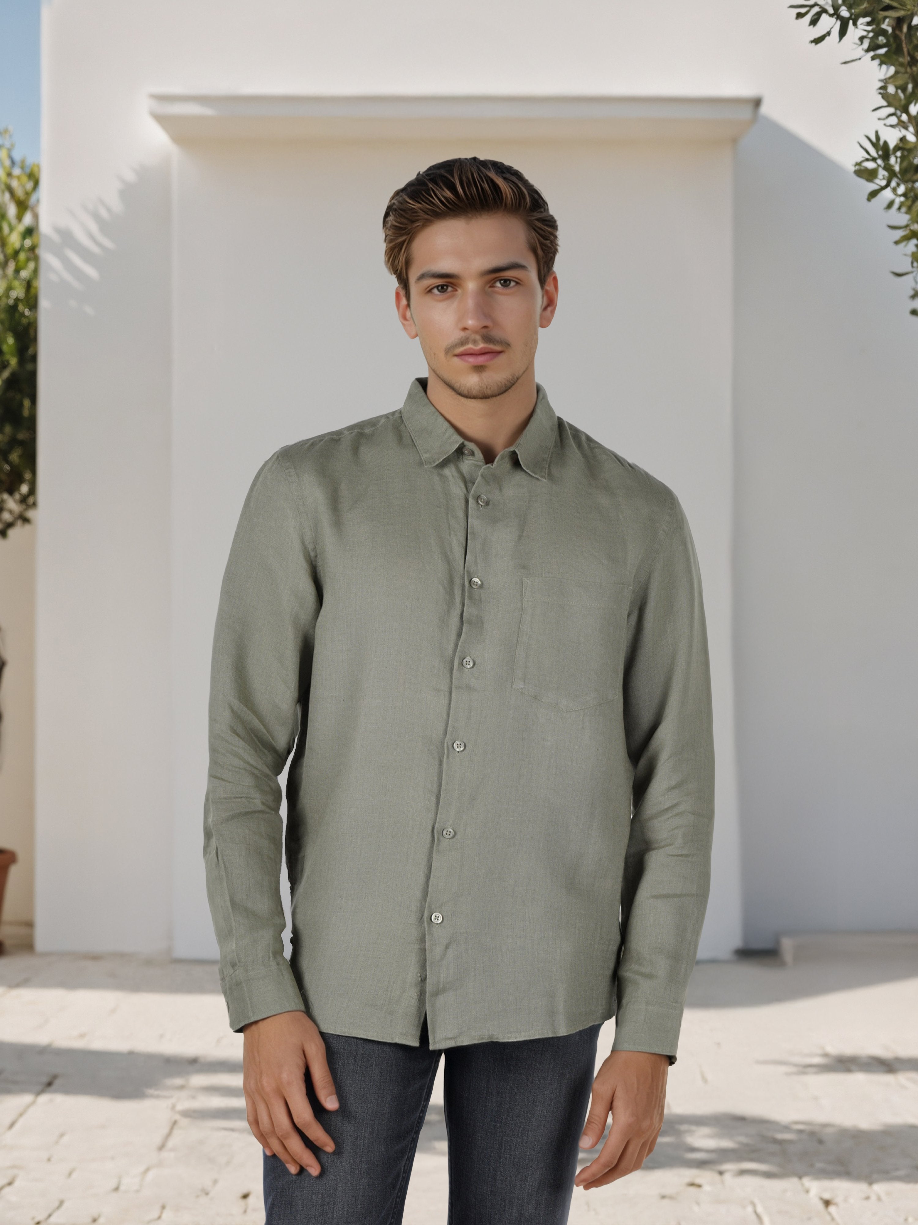 Celio* Men Olive Solid Regular Fit Linen Shirts