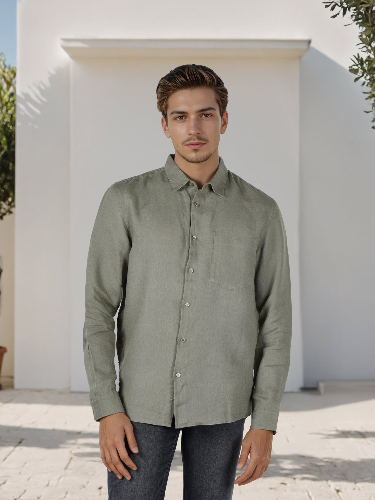 Celio* Men Olive Solid Regular Fit Linen Shirts