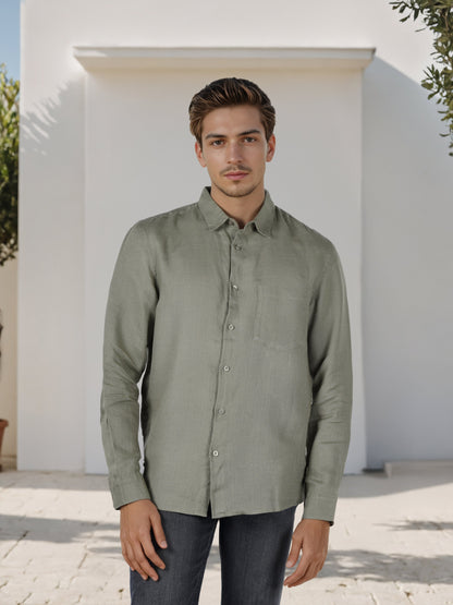 Celio* Men Olive Solid Regular Fit Linen Shirts