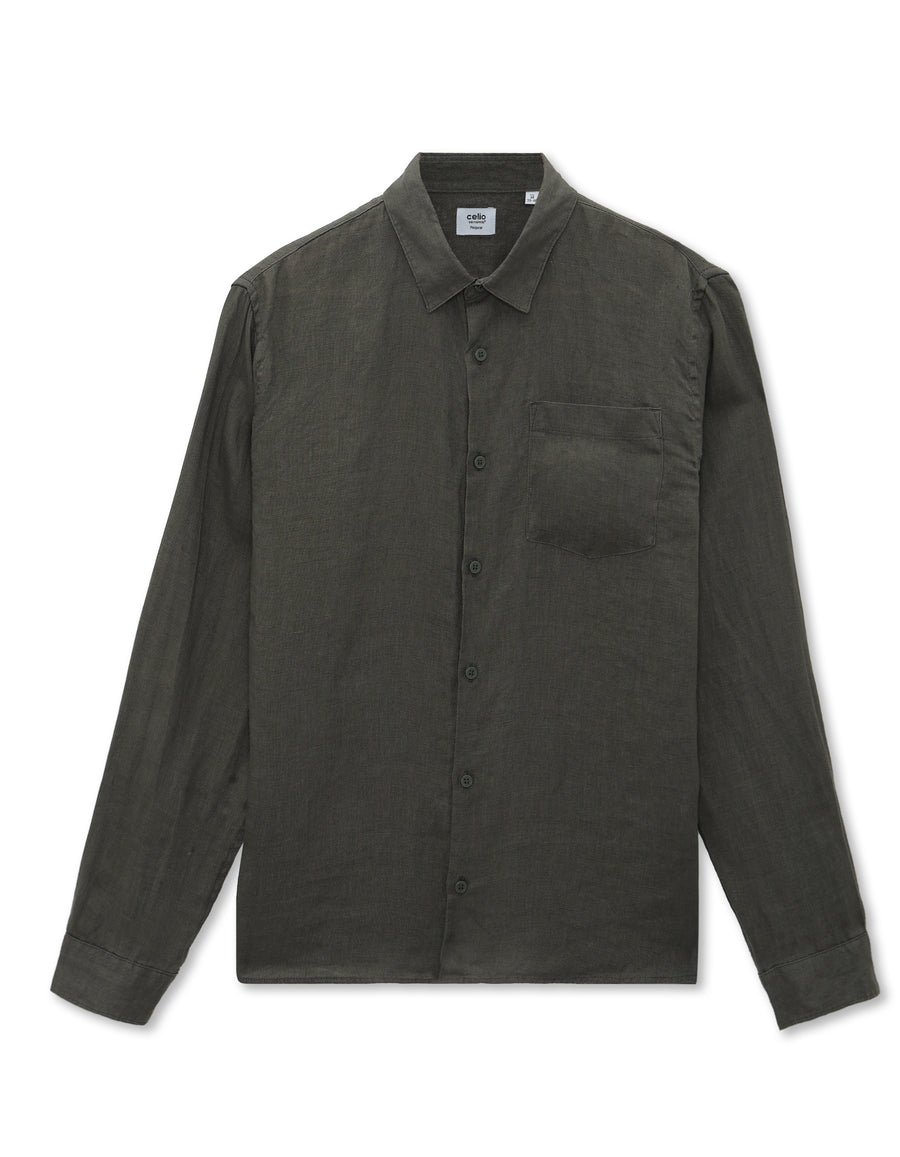 Regular Fit 100% Linen Regular Collar Shirt - Khaki