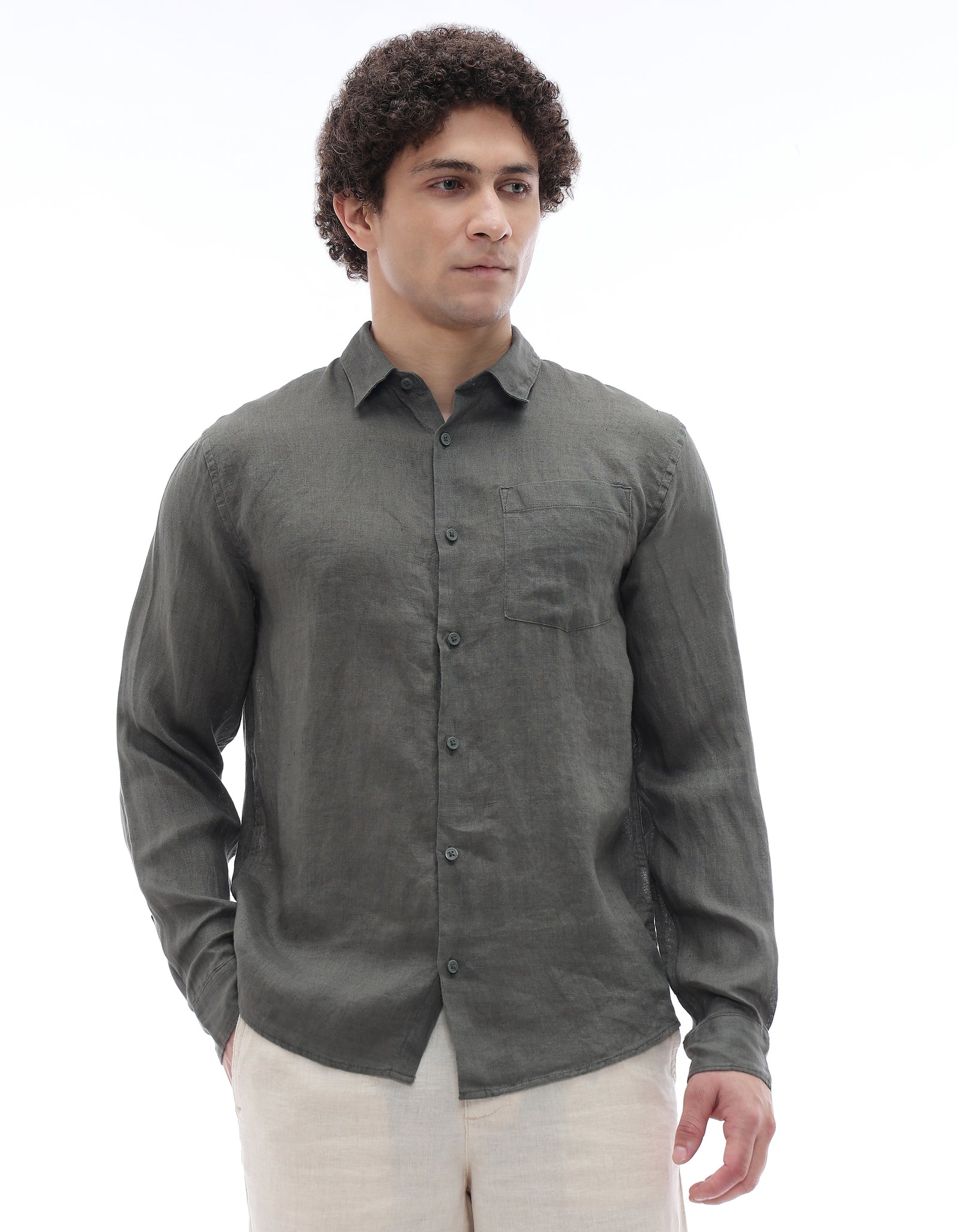 Regular Fit 100% Linen Regular Collar Shirt - Khaki