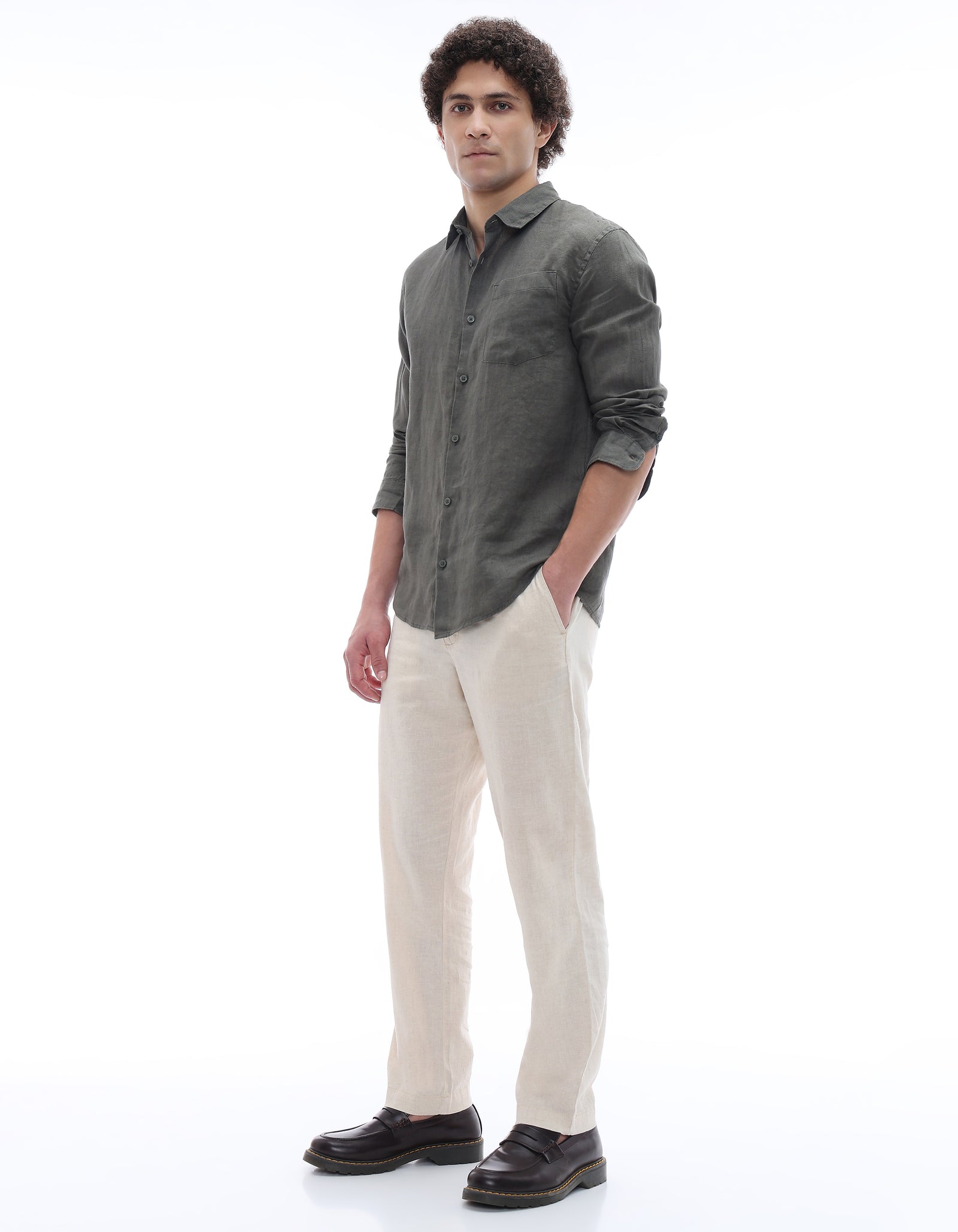 Regular Fit 100% Linen Regular Collar Shirt - Khaki
