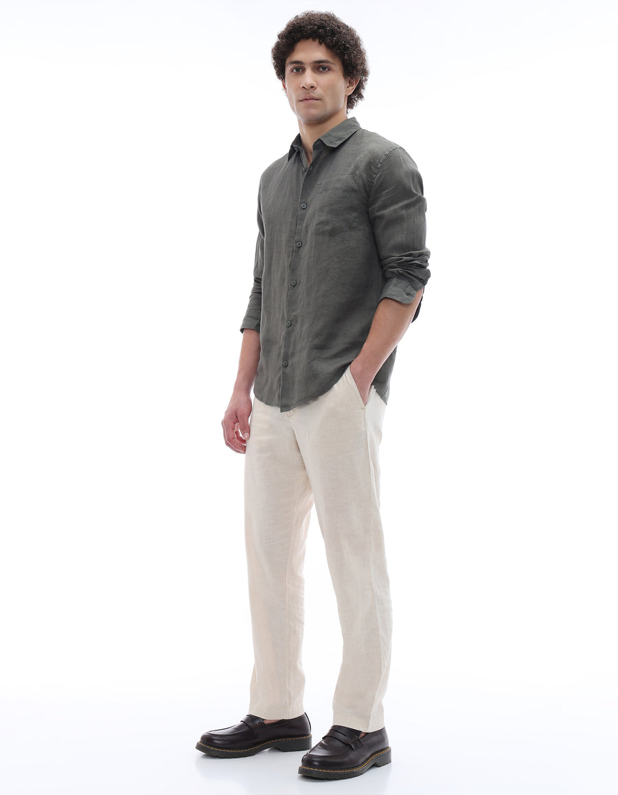 Regular Fit 100% Linen Regular Collar Shirt - Khaki