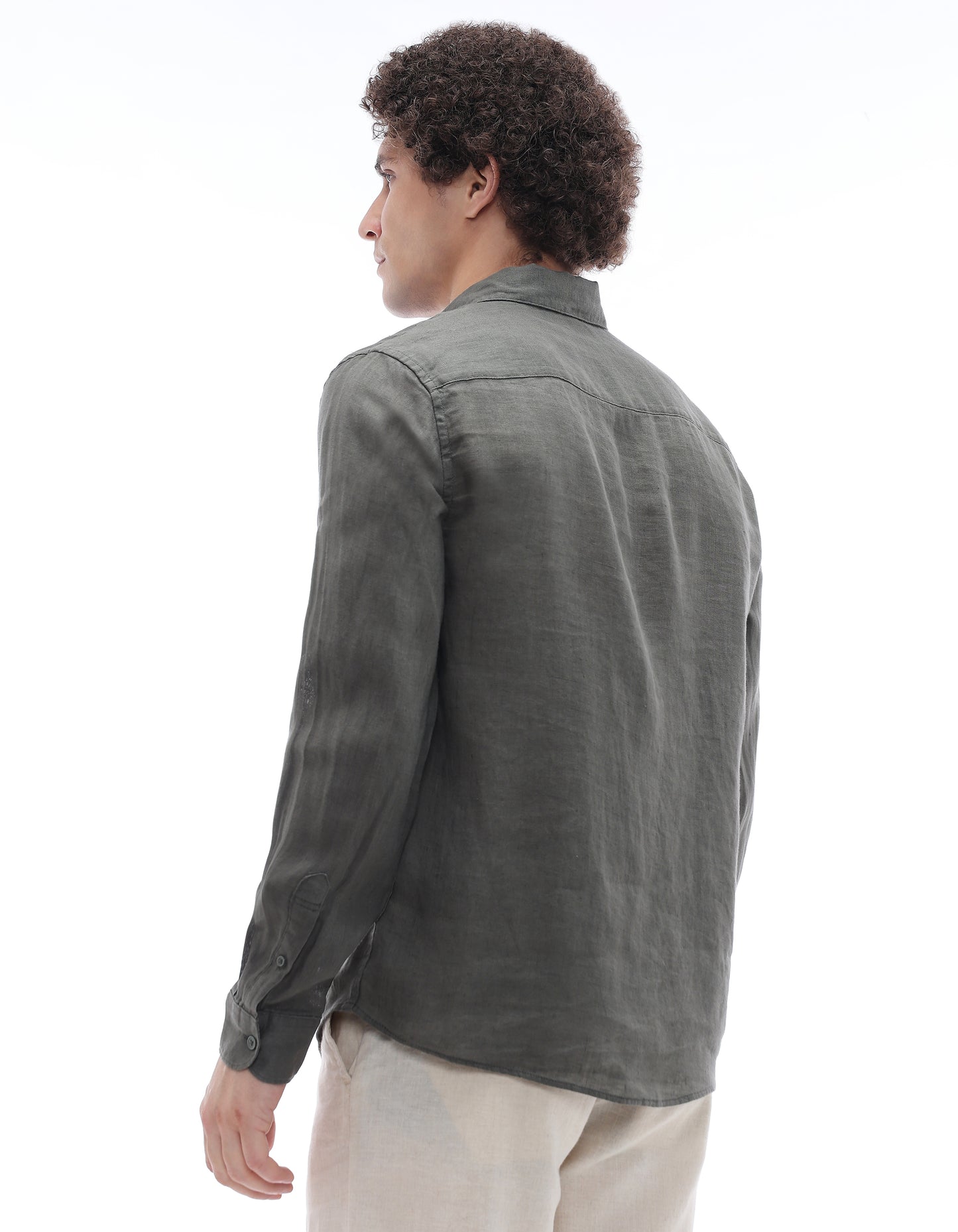 Regular Fit 100% Linen Regular Collar Shirt - Khaki