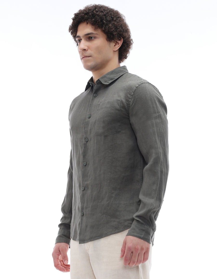 Regular Fit 100% Linen Regular Collar Shirt - Khaki