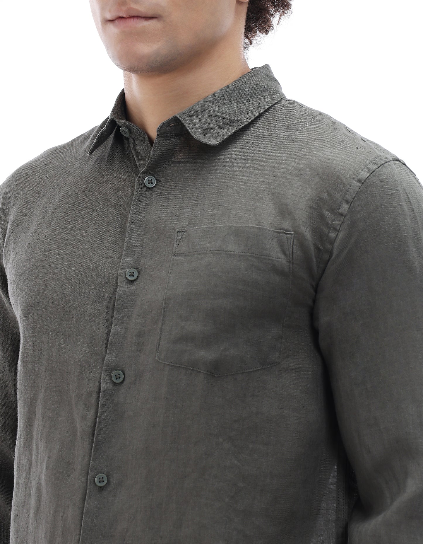Regular Fit 100% Linen Regular Collar Shirt - Khaki