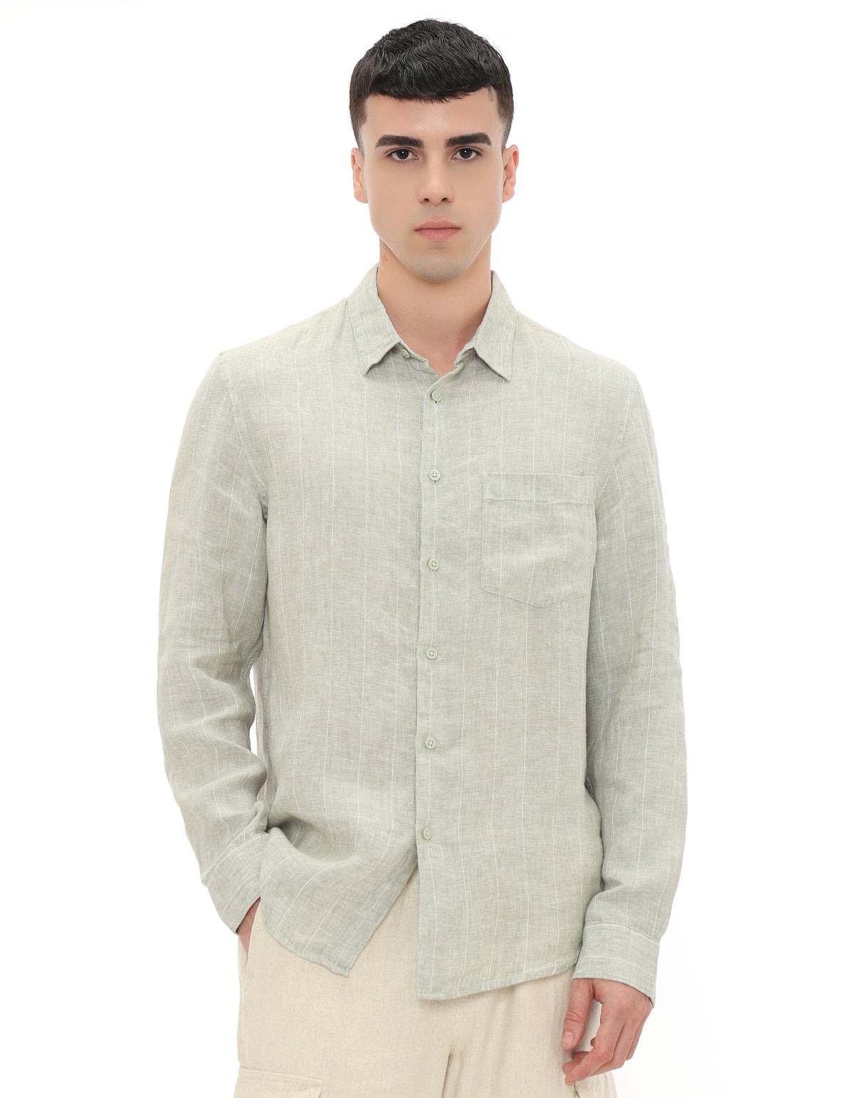 Regular Fit 100% Linen Regular Collar Shirt - Khaki