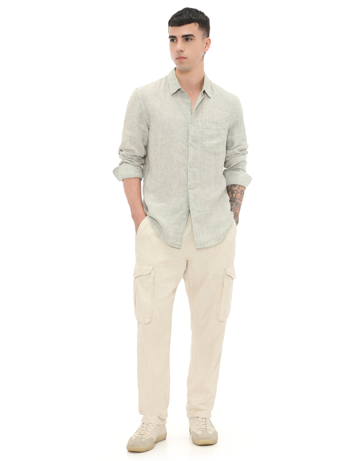 Regular Fit 100% Linen Regular Collar Shirt - Khaki