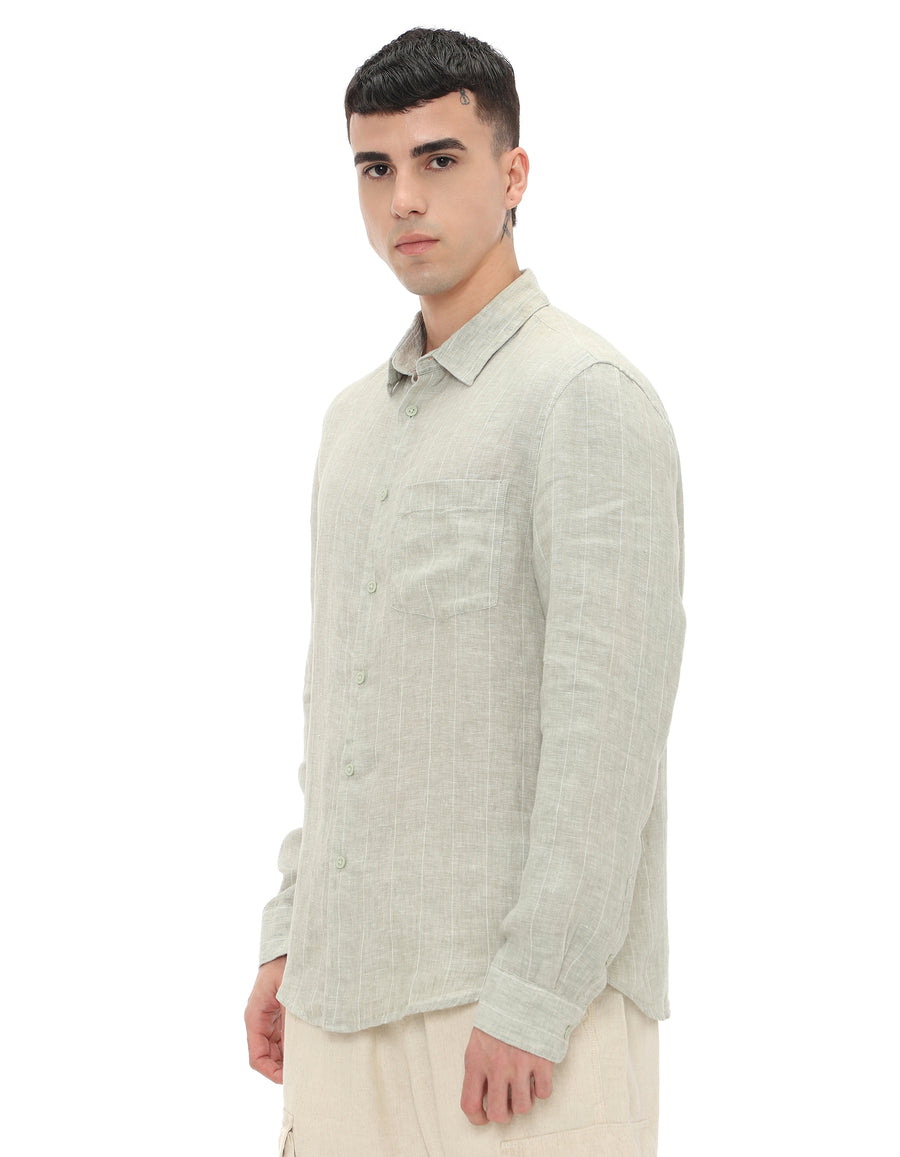 Regular Fit 100% Linen Regular Collar Shirt - Khaki